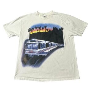 VTG Train Sunset Palms Shirt Mens XL White‎ Hanes Beefy T USA 90s Single Stitch